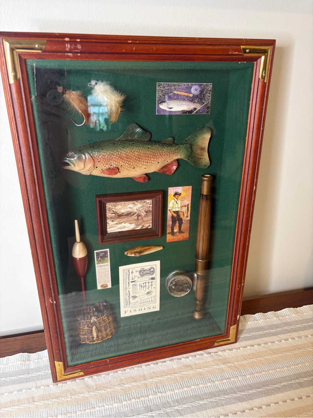 Vintage Fishing Shadow Box Display with Mounted Trout - Green Background